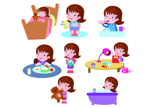 Child activities vector concept. Little girl daily activities, isolated on white background