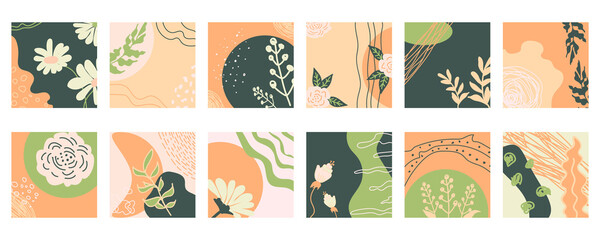 Set of 12 abstract vector backgrounds. Chamomile, various branches, flowers,  leaves, spots, curve and lines. Contemporary modern trendy hand drawn illustration.