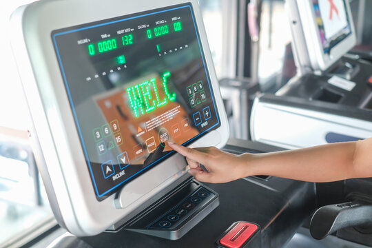 people running in machine treadmill at fitness gym.