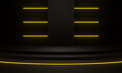 Black stage with yellow neon light. 3D rendering.