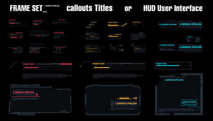 Set of modern elements for the HUD interface. Frames, callouts, headers. Menu elements for the game HUD interface. Information panels and boxes. Digital interface layout