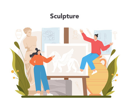 Sculptor concept. Creating sculpture of the marble, wood and clay.