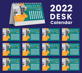 Set Desk Calendar 2022 template design,Set of 12 Months, Week start Sunday. Printing media, Stationery design, flyer, printing layout, publication, advertisement, Calendar 2022 Design vector.