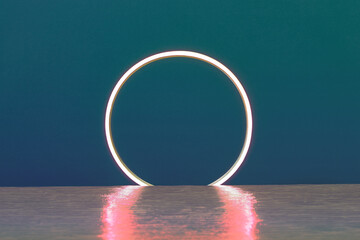 Neon light circle. Reflection of neon light on the water.