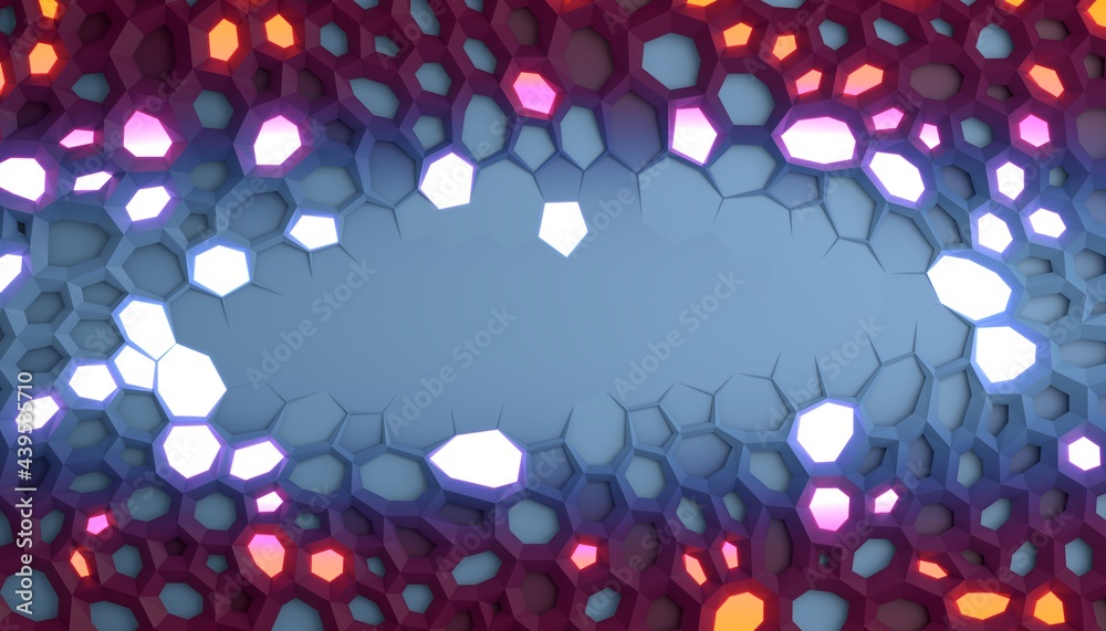 Poster Abstract geometric background with colorful hexagons, some emitting light. 3D render / rendering
