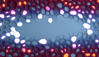 Abstract geometric background with colorful hexagons, some emitting light. 3D render / rendering
