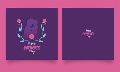 Purple Greeting Card Design With Sticker Style Happy Father's Day And Paper Cut Man Hugging His Son.