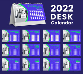 Set Desk Calendar 2022 template design,Set of 12 Months, Week start Sunday. Printing media, Stationery design, flyer, printing layout, publication, advertisement, Calendar 2022 Design vector.