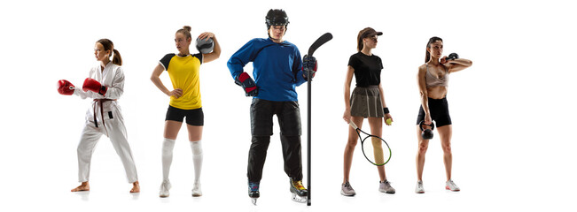Sport collage. Tennis, hockey, fitness, volleyball players posing isolated on white studio background.