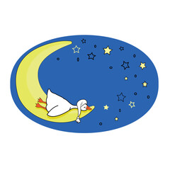 Cute postcard. A small white goose sleeps on the moon, in a night sky
