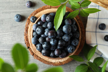 Fresh berry concept with blueberry on gray textured table