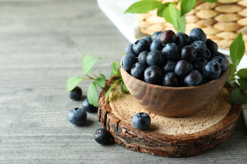 Fresh berry concept with blueberry on gray textured table