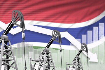lowering down chart on Gambia flag background - industrial illustration of Gambia oil industry or market concept. 3D Illustration