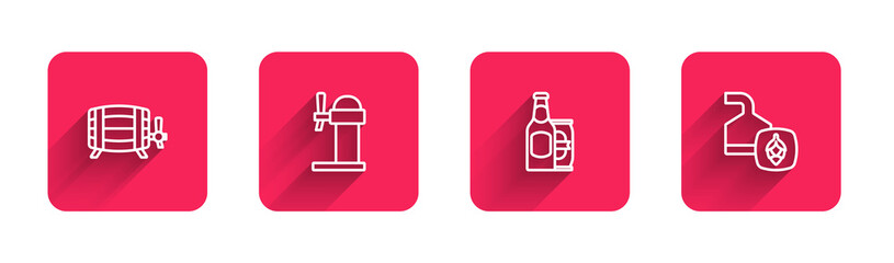 Set line Wooden barrel, Dispenser beer, Beer bottle and can and brewing process with long shadow. Red square button. Vector