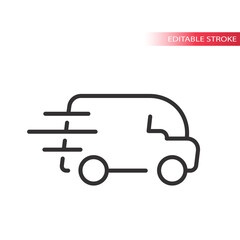Fast delivery van with speed marks icon. Thin line, editable stroke.