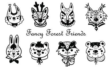 Cute forest animals, fancy forest friends collection of hand-drawn animals, animal heads with collars, doodle illustration, neat looking squirrel, deer, fox, lynx, hare, badger, beaver, bear cartoons