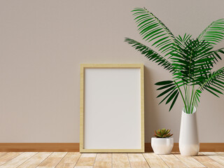 Realistic of photo frame mockup with plant, 3d illustration