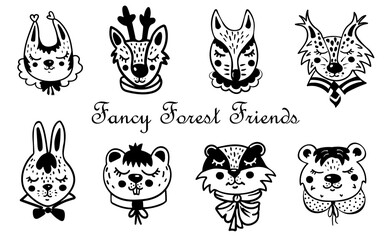 Obraz premium Cute forest animals, fancy forest friends collection of hand-drawn animals, animal heads with collars, doodle illustration, neat looking squirrel, deer, fox, lynx, hare, badger, beaver, bear cartoons