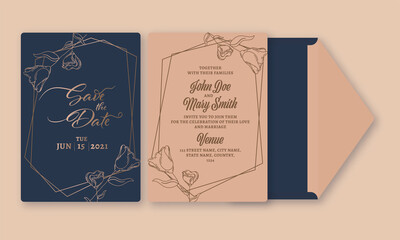 Elegance Wedding Card Template Design With Double-Sides In Blue And Brown Color.