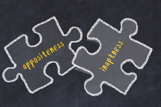 Ploblem solving. Chalk sketch of two puzzles with words appositeness and inaptness