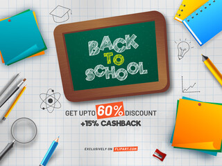 UP TO 60% Off For Back To School Sale Poster Or Banner Design With Top View Of Educational Elements.