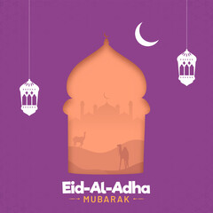 Eid-Al-Adha Mubarak Greeting Card With Crescent Moon, Lanterns Hang, Silhouette Mosque And Desert View On Purple Background.