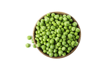 Bowl with pea seeds isolated on white background