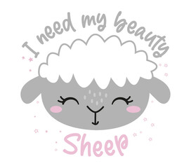 I need my beauty sheep (beauty sleep) - funny hand drawn doodle sheep. sleeping mask, stars, hearts. Cartoon background, texture for bedsheets, pajamas.