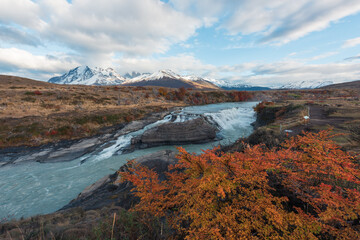 The beautiful natural scenery of Torres del Paine National Park in southern Chile. Autumn theme background image.