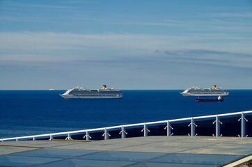 Costa cruiseships or cruise ship liners Pacifica, Fortuna and Favolosa anchored at sea offshore of...