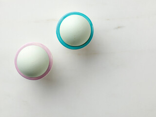 fresh cholesterol free bio eggs on kitchen table, top view