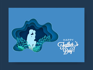 Blue Paper Layer Cut Background Decorated With Leaves And Silhouette Man Hugging His Child For Happy Father's Day.