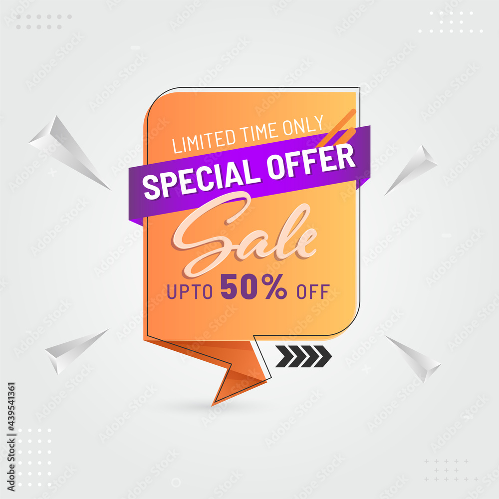 Poster UP TO 50% Off For Sale Label, Poster Design With 3D Geometric Triangle Elements.