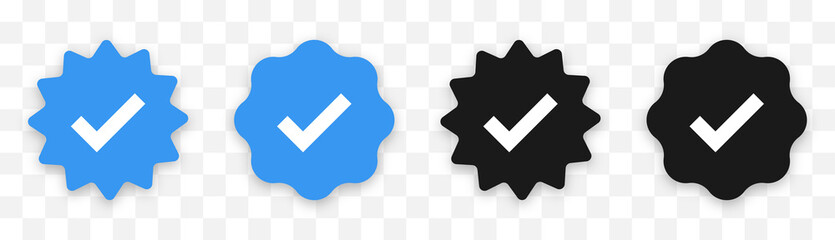 Verified badge profile set. Social media account verification icons . Isolated check mark  on black and blue. Guaranteed signs. Vector illustration. - obrazy, fototapety, plakaty