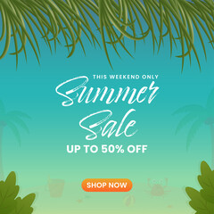 Fototapeta na wymiar Summer Sale Poster Design With 50% Discount Offer And Green Leaves Decorated On Turquoise Background.