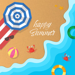 Fototapeta na wymiar Happy Summer Concept With Top View Of Beach Background.