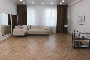 Naklejka na ściany i meble Modern living room with parquet flooring and stylish furniture