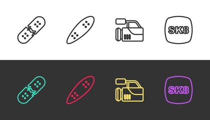 Set line Broken skateboard deck, Longboard or, Cinema camera and Skateboard on black and white. Vector