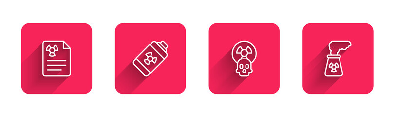 Set line Radiation warning document, Nuclear energy battery, Radioactive and power plant with long shadow. Red square button. Vector