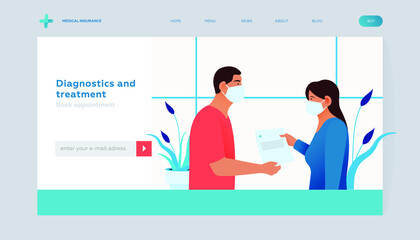 Naklejka na ściany i meble Diagnostics and Treatment. Medical Specialist and Patient in Masks Holding Paper Sheet in Medical Office on Abstract Background. Modern Flat Vector Illustration. Landing Page Template. Website Banner.