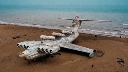 Experimental Soviet aircraft on the shore of the Caspian Sea in Dagestan