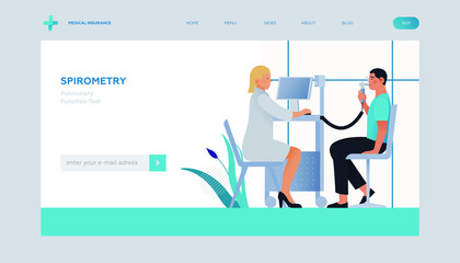 Spirometry. Pulmonary Function Test. Modern Flat Vector Illustration. Medical Specialist with Patient Doing Spirometry in Laboratory Office. Insurance Landing Page Design Template. Website Banner. 