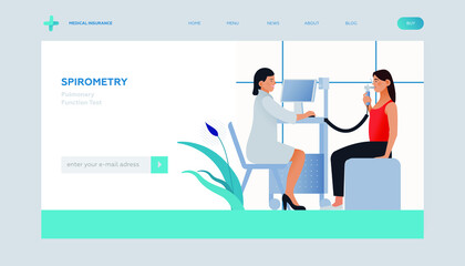 Spirometry. Pulmonary Function Test. Modern Flat Vector Illustration. Medical Specialist with Patient Doing Spirometry in Laboratory Office. Insurance Landing Page Design Template. Website Banner. 