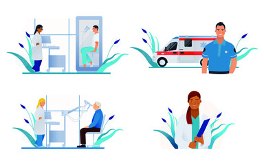 Set of Modern Flat Medical Insurance Illustrations. Spirometry and Plethysmography in Medical Office, Ambulance Transport, Medical Specialist.
