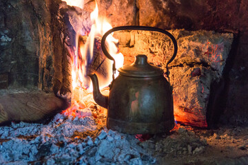 kettle on the firewood to heat the mate water in the Argentine countryside