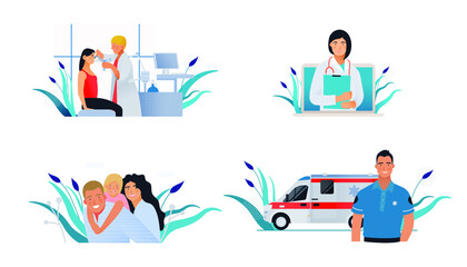 Set of Modern Flat Medical Insurance Illustrations. Spirometry in Medical Office, Medical Appointment, Happy Family, Ambulance Transport.
