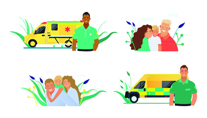 Naklejka premium Set of Modern Flat Medical Insurance Illustrations. Happy Family, Ambulance Transport.