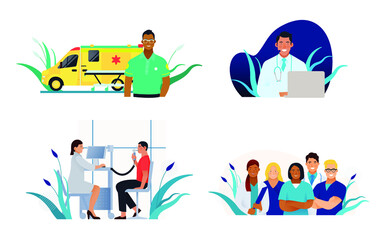 Set of Modern Flat Medical Insurance Illustrations. Ambulance, Call Center, Spirometry in Medical Office, Team of Medical Specialists.