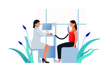 Spirometry. Modern Flat Vector Illustration. Medical Specialist with Female Patient Perform Spirometry in Laboratory or Office. Website Banner Template. 