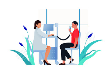 Spirometry. Modern Flat Vector Illustration. Medical Specialist with Male Patient Perform Spirometry in Laboratory or Office. Website Banner Template. 